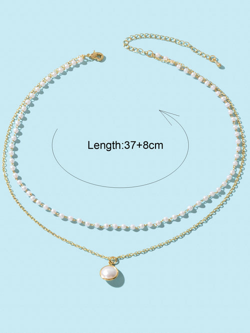 2 Layers Women Gold Pearl Charm Pendant Necklace Boho Statement Beautiful Choker