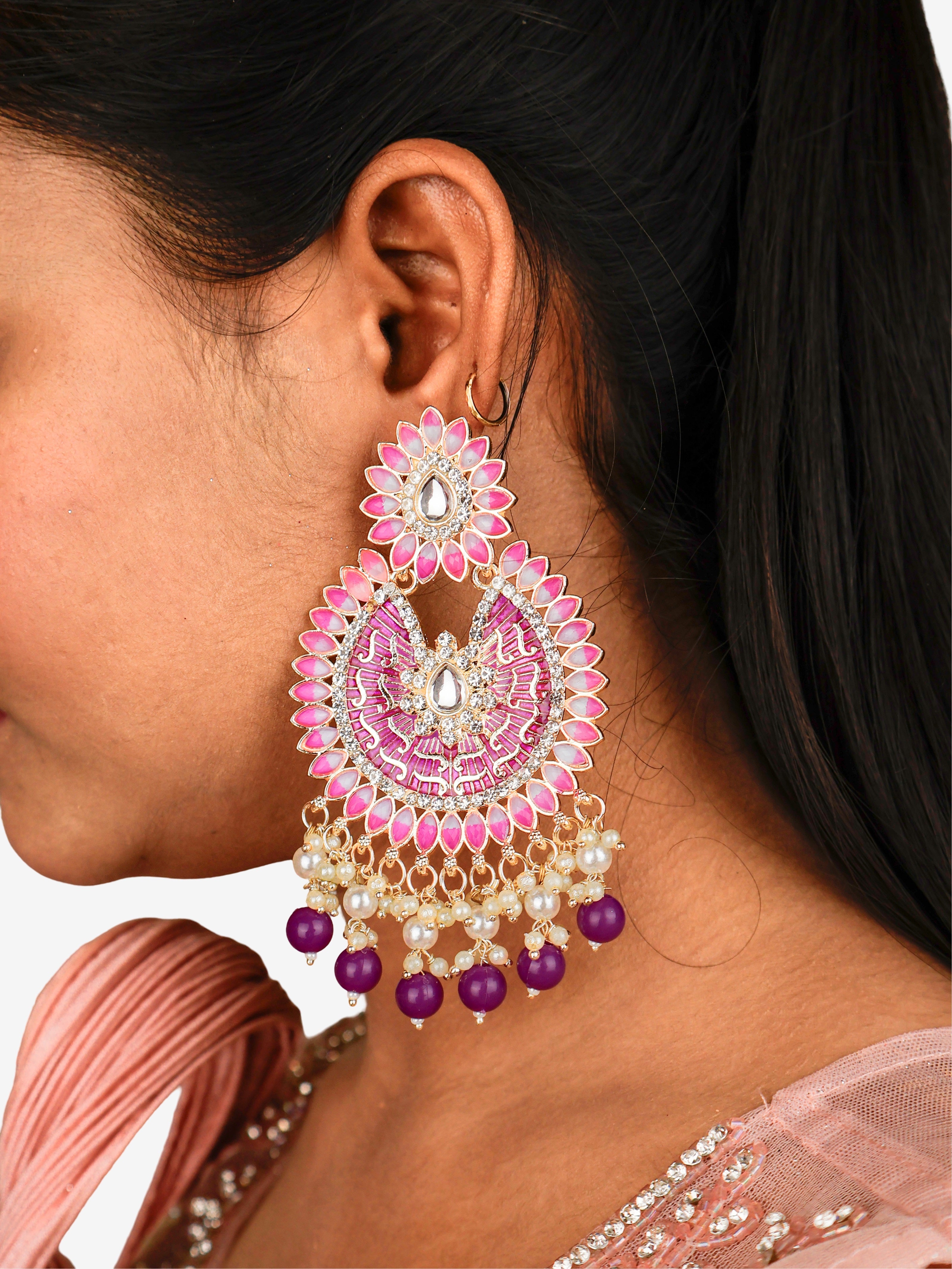 Delicate Pearl & Rhinestone Chandelier Earrings for Women by Shreekama