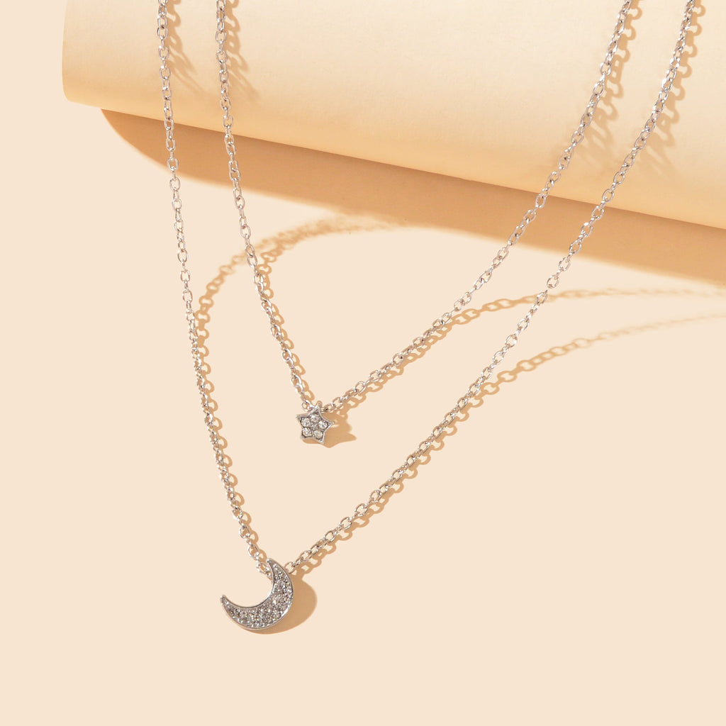 Dainty Silvery Layered Chain Rhinestone Decor Moon Star Pendant Necklace Women Daily Dating Birthday Gift Jewelry