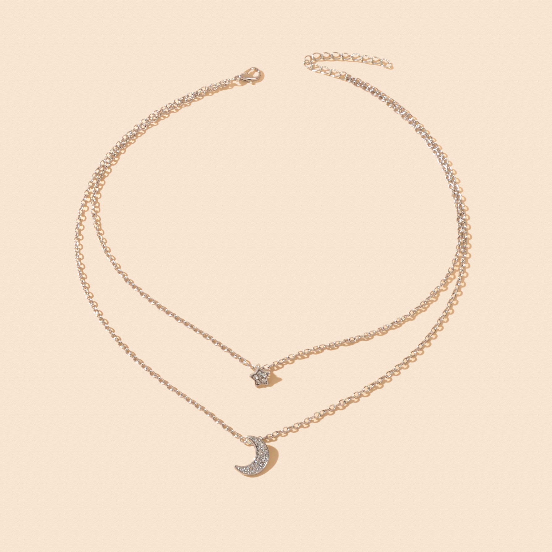 Dainty Silvery Layered Chain Rhinestone Decor Moon Star Pendant Necklace Women Daily Dating Birthday Gift Jewelry
