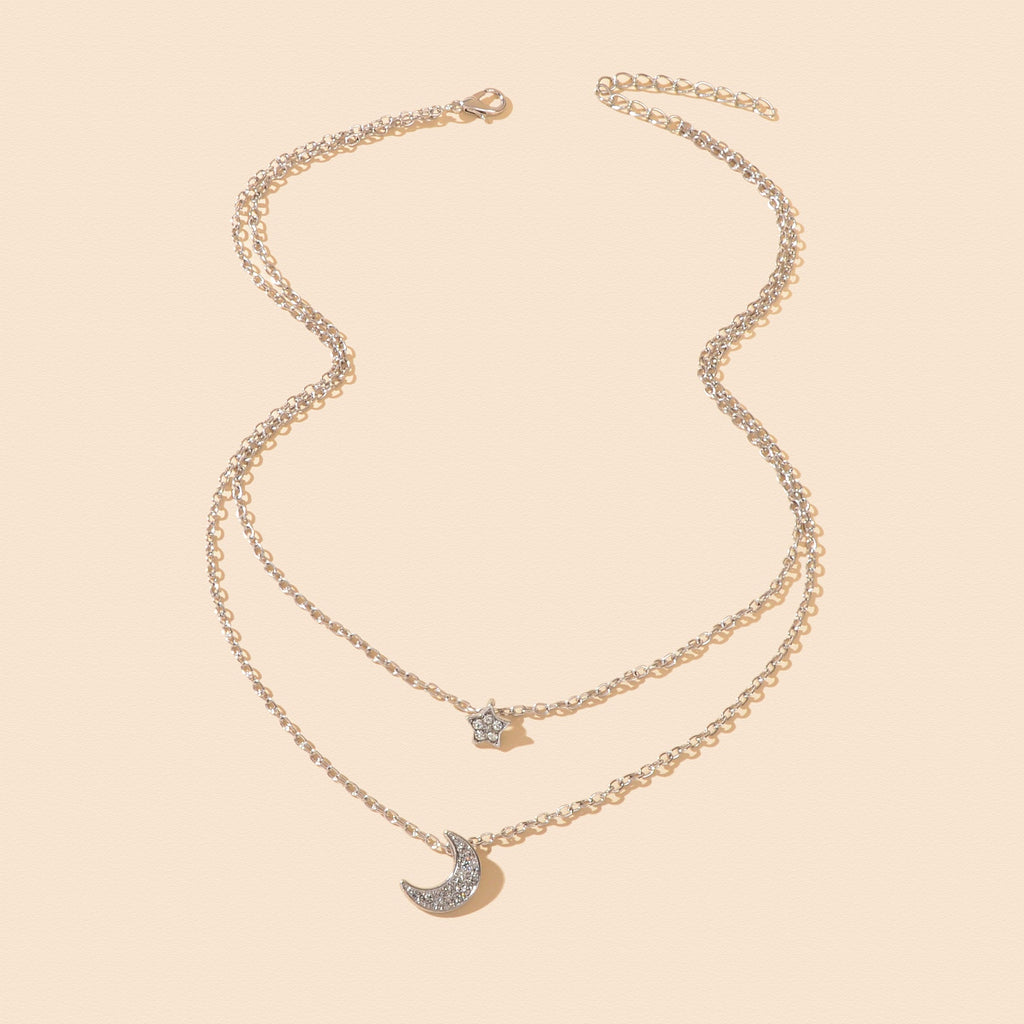 Dainty Silvery Layered Chain Rhinestone Decor Moon Star Pendant Necklace Women Daily Dating Birthday Gift Jewelry