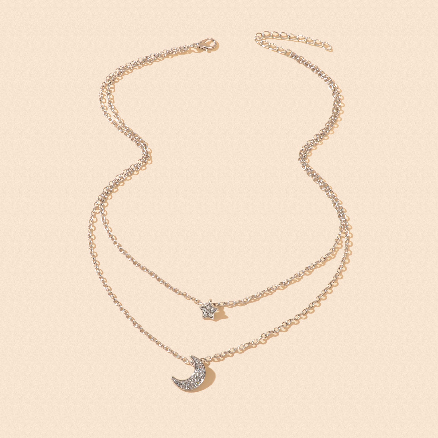 Dainty Silvery Layered Chain Rhinestone Decor Moon Star Pendant Necklace Women Daily Dating Birthday Gift Jewelry
