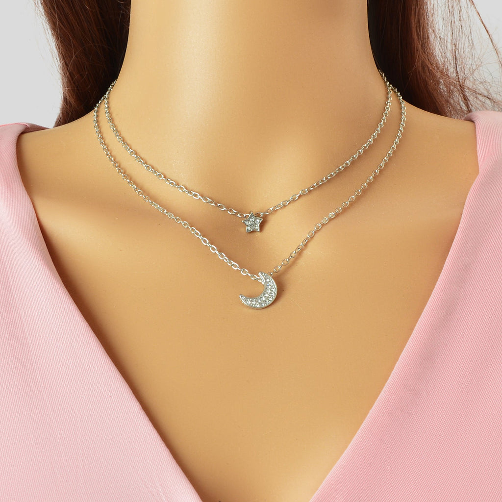 Dainty Silvery Layered Chain Rhinestone Decor Moon Star Pendant Necklace Women Daily Dating Birthday Gift Jewelry