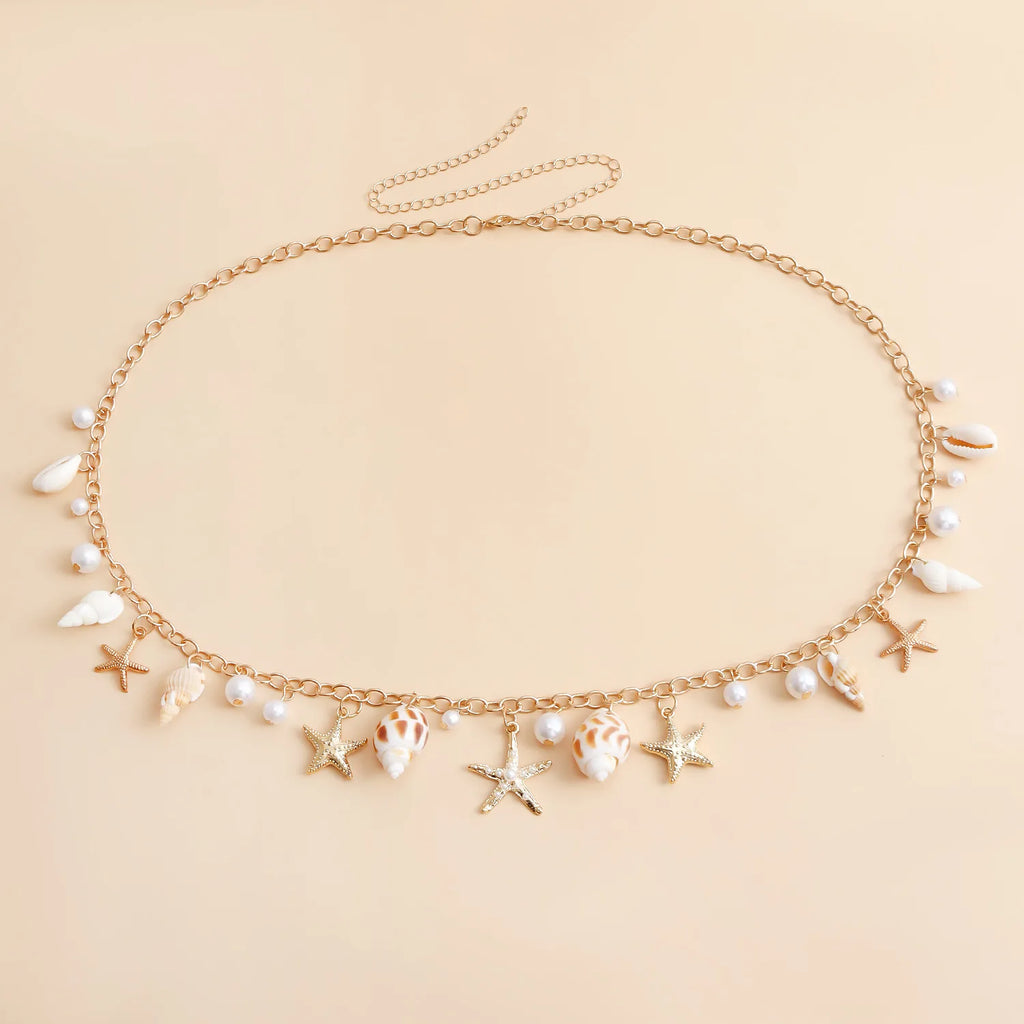 Bohemian Summer Beach Shell Waist Chain for Women Seaside Imitation Pearl Starfish Conch Pendant Body Chain Fashion Jewelry Gift